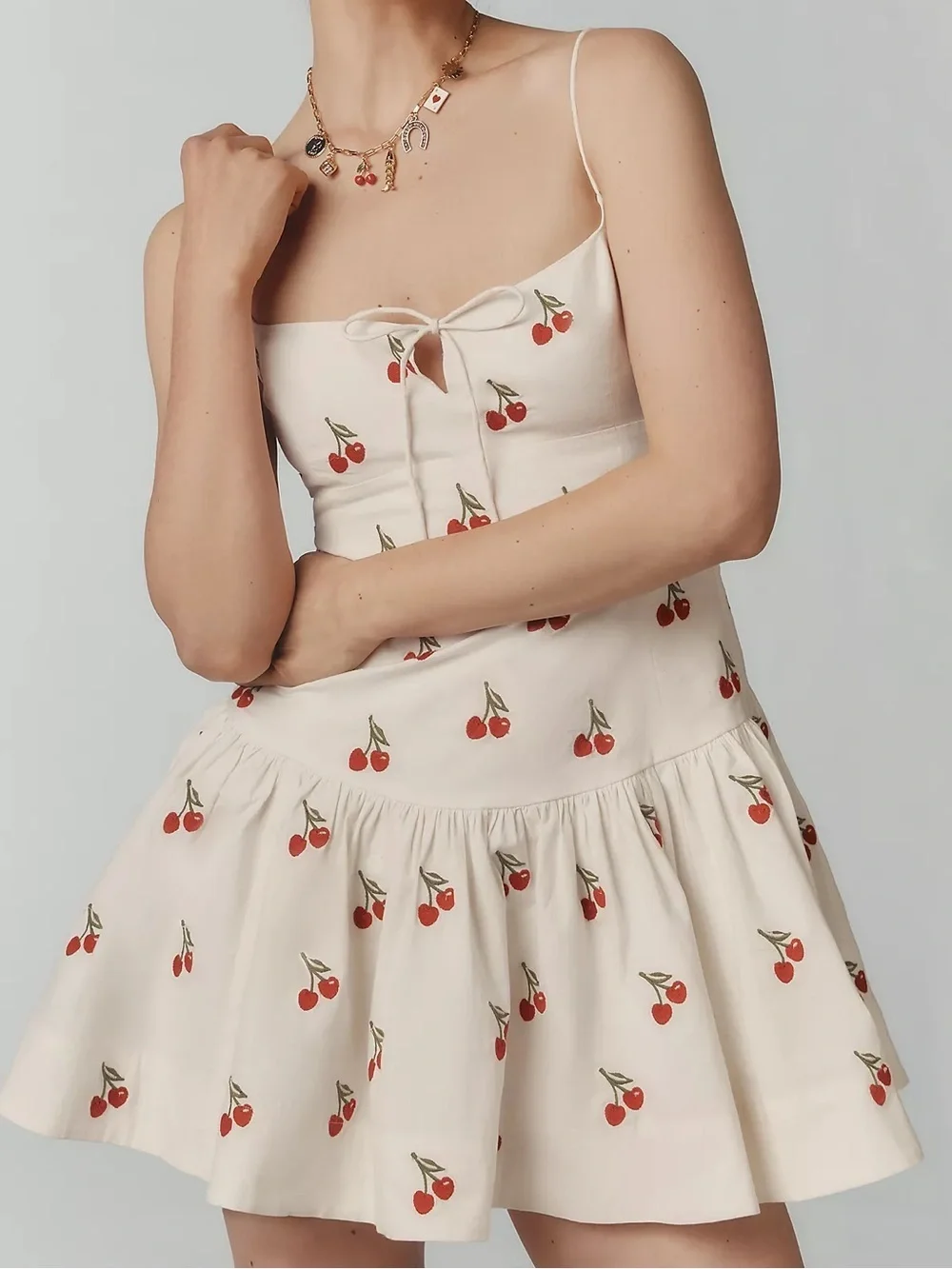 Anthropologie Maeve Sweetheart Drop-Waist Cherry Print Mini Dress - Picture 2 of 8